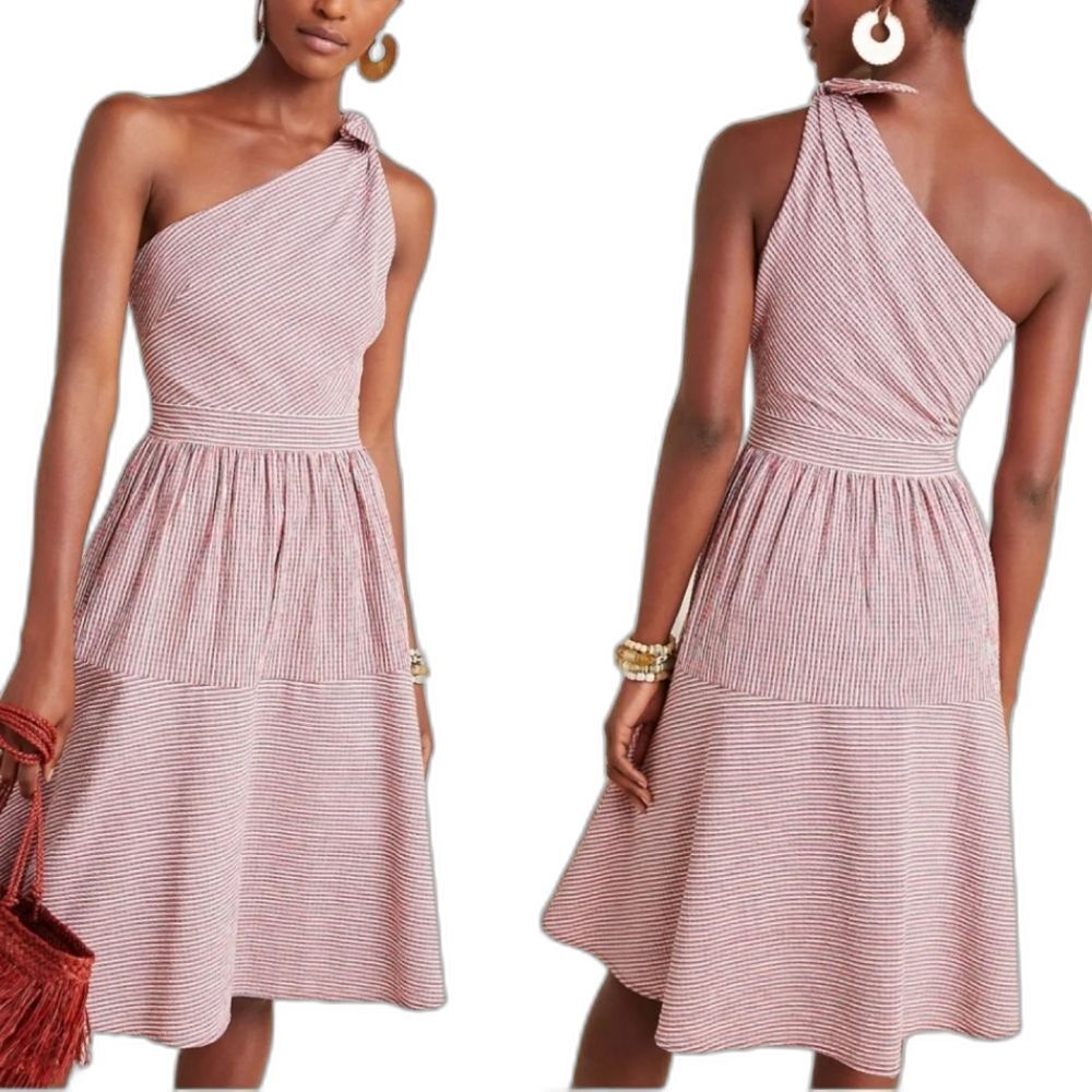 Gal Meets Glam One-Shoulder Striped Midi Dress in Blush & White